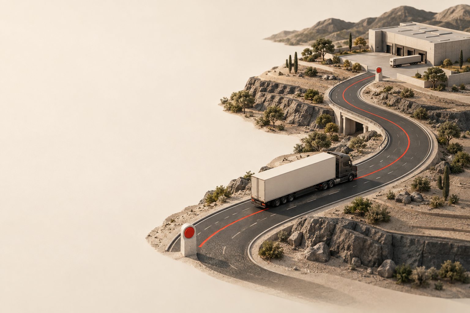 Ilustración conceptual de un camión de carga en ruta hacia una instalación logística.